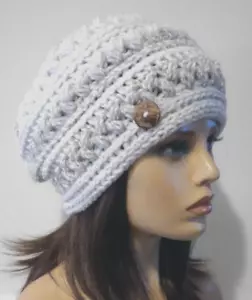 crochet handmade womans hat beanie jacks gray puffs USA seller - Picture 1 of 3