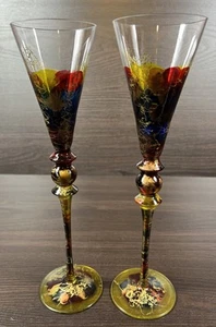Artistic Pair Hand Painted 11 3/4” Glass Champagne Flutes Gold Blue Red Yellow - Picture 1 of 7