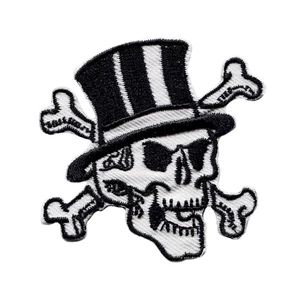 Calavera con sombrero de copa y huesos cruzados blanco y negro bordado hierro en parche - Imagen 1 de 2