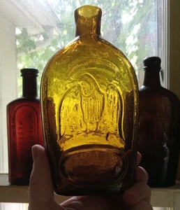 1840s OPEN PONTIL PINT DOUBLE EAGLE HISTORICAL FLASK OLIVE AMBER NEW ENGLAND - Picture 1 of 11