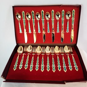 24K Gold Plated Flatware Japan 6 Place Setting Stainless 24pc Green Enamel Rose - Picture 1 of 21