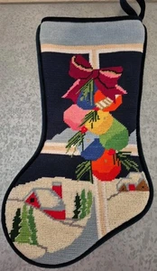 Vintage Lined Christmas Stocking Needlepoint Blue Tones Velvet Nostalgic Classic - Picture 1 of 8