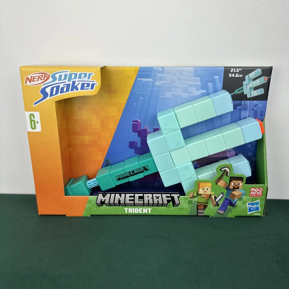 Nerf Super Soaker Minecraft Trident Water Blaster Pull Back Plunger Handle Kids