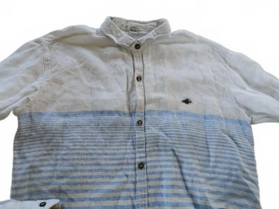 Волна мужской льняной пуговицы светло-синий белый в полоску платье рубашка XL работает маленький - Изображение 1 из 4