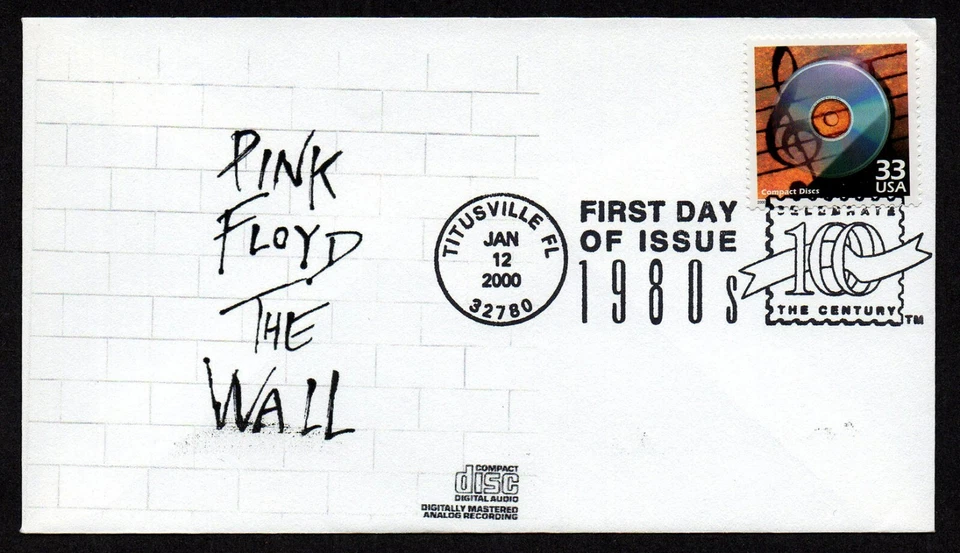 USA, SCOTT # 3190-H, RARE FDC COVER - PINK FLOYD, THE WALL ALBUM, COMPACT DISKS - Image 1 of 1