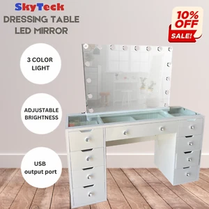 WHITE GLASS TOP MAKE-UP DRESSER TABLE WITH LED MIRROR WITH DRAWER KLDS11-S - Picture 1 of 18