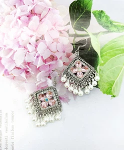 Silver Filigree Chandelier Earrings w Pink, Clear & Oil Slick Crystals & Pearls - Picture 1 of 5