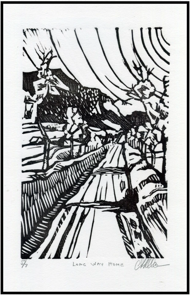 Country Lane PAISAJE ÁRBOLES CAMINO A CASA. ORIGINAL Impresionista Firmado LINOCUT Foto 1 de 1