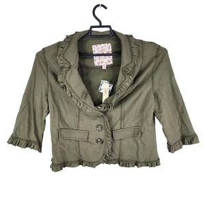 Womens Olive Green Decree Ruffle Blazer Jacket 3/4 Sleeves 100% Cotton Size XL - Picture 1 of 10