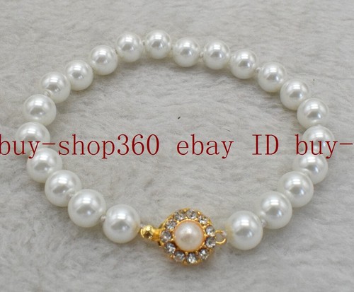 STONE ISLAND Bracciale perle pietre preziose rotonde naturali mare del sud 8 mm conchiglia bianca 7 5'' AAA