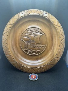 Vintage Ship Wood Hand Carved Plate Wooden Bowl VTG - Picture 1 of 3