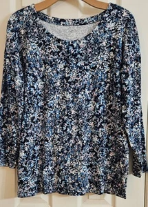 J JILL SIMPLY SUPIMA SCOOP NECK LS TUNIC/TOP BLUE PINK BLACK SZ. M PETITE - Picture 1 of 5