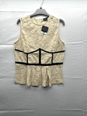 Top de encaje floral sin mangas plisado crema Topshop para mujer talla 16 ribete de terciopelo negro Foto 1 de 4