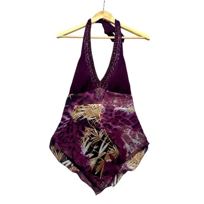 Cache Púrpura Cuentas Halter Cuello Nuevo con Etiquetas Estampado Seda Bufanda Dobladillo Top M Y2K Glam Fiesta Foto 1 de 4