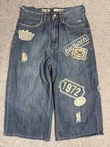 Ecko Unltd Shorts Mens 32 Blue Denim Baggy 1972 Patch Distressed Y2K Embroidered - Picture 1 of 17