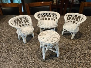 VTG White Wicker Furniture Doll Size 4 Piece Set: 2 Chairs, 1 Stool 1 Loveseat - Picture 1 of 18