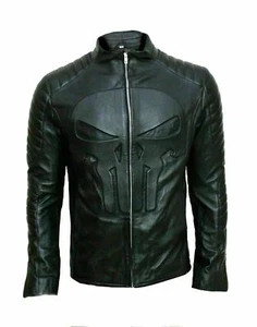 Herren Smart Punisher Schädel Geprägtes Emblem Schwarze Echte Lederjacke - Imagen 1 de 5