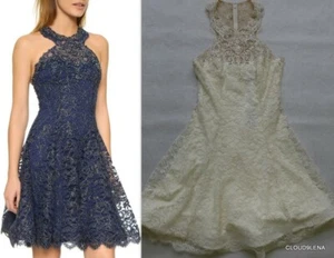NWT MARCHESA NOTTE Size 8 Beaded Metallic Lace Halter Back Cocktail Dress IVORY - Picture 1 of 12