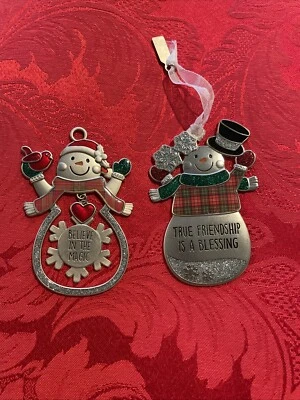 2 (two) Christmas Snowman Collectable Silver Ornaments Ganz Friendship Magic - Image 1 of 4
