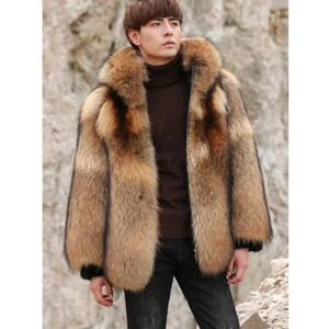 Luxury Men Natural Raccoon Fur Coat Hooded Overcoat Winter Real Thick Fur Jacket - Picture 1 of 3