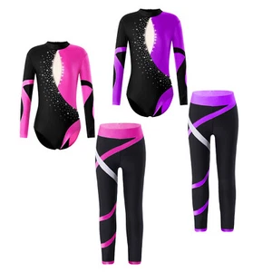 Kids Girl's Dance Outfit Fitness Jumpsuit Ballet Bodysuit And Tights Set Gym - Picture 1 of 21