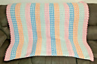 Handmade Crocheted Afghan Pink/Blue/Mint Green/White Stripes 52" X 43"