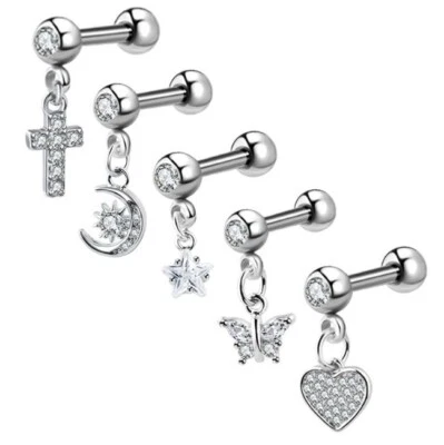 Barra de andamio industrial piercing de oreja barra recta brillante acero gema ópalo Foto 1 de 4