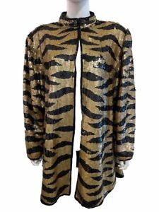 80s VINTAGE Jewel Queen Mobwife Maximalist Tiger Sequins Silk Coat 2XL