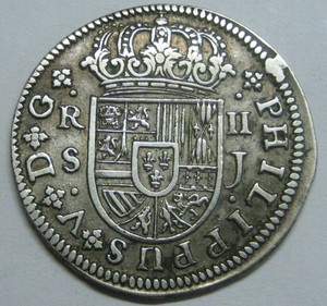 1721 SEVILLA 2 REAL PHILIP V HIGH GRADE SPANISH SILVER COLONIAL ERA VERY SCARCE