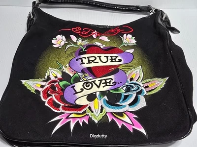 Ed Hardy Drawn Canvas Shoulder Bag Floral Reinstone Design, "TRUE LOVE" - READ!! - Image 1 of 4