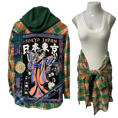 Женская фланелевая рубашка Shacket Размер XL Токио Япония Гранж Пэчворк Народное искусство - Изображение 1 из 4