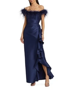 Vestido Badgley Mischka Hombro Descubierto Pluma Recortado Volantes Talla 6 Marino $850 - Imagen 1 de 2