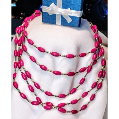 NEW Multi Strand Statement Beaded Necklace Bright Pink Gold Tone Beaded Layered Foto 1 de 4