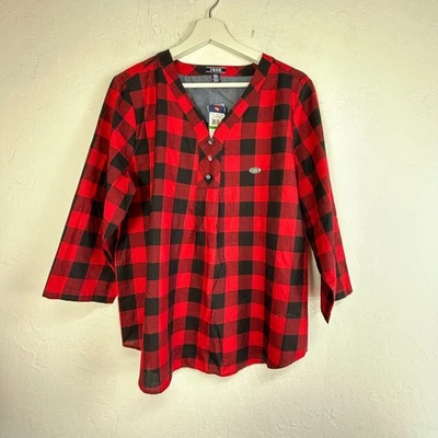 Izod Womens Red & Black Buffalo Plaid 3/4 Sleeve V-Neck Blouse Large New $52 - Image 1 of 4