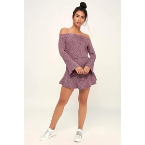 Lulus Wallace Burgundy Marled Off Shoulder Skater Sweater Dress Large Ribbed  - Picture 1 of 11