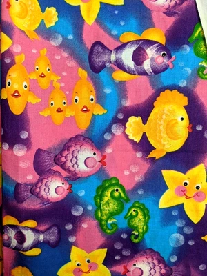 2 Pcs Lot, 1.5 yds Total, 46"W Vtg Blowfish Donna Dewberry Cotton Fabric #1565 - Image 1 of 4