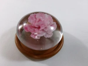 3” Pink Flower Art Glass Paperweight On Wooden Stand - Picture 1 of 7