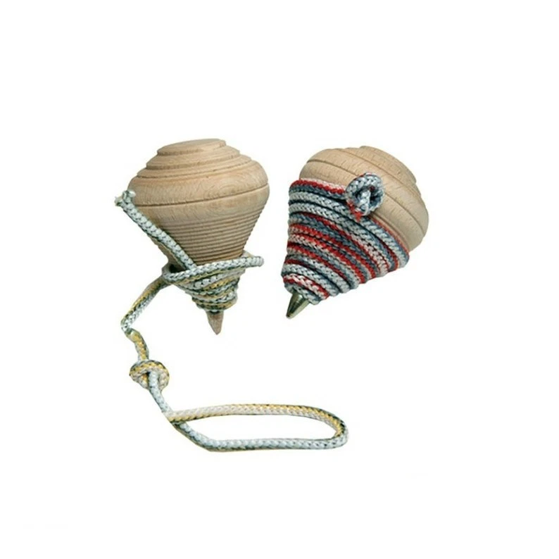 Trottola in legno grande con punta in metallo completa di corda colorata - Immagine 1 di 1