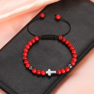 Handmade Cross Beaded Bracelet 6mm Red Turquoise Bead Adjustable Bracelet Bangle - Picture 1 of 6