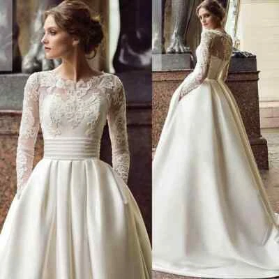 Elegant Stain A-Line Wedding Dresses Scoop Neck Long Sleeves Beach Bridal Gowns - Image 1 of 4