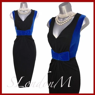 Karen Millen 12 Negro Jersey Terciopelo Azul Lazo Fiesta Noche Elegante Lápiz De - Imagen 1 de 4