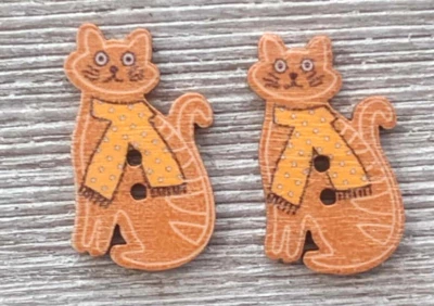 2 botones de costura bufanda amarilla gato marrón artesanía madera 2 agujeros 1 1/8"  Foto 1 de 2
