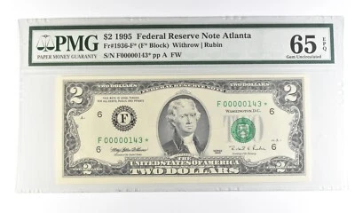 1995 $2 Atlanta GA FRN Fr#1936-F* Star Error Gem Unc 65 EPQ PMG Low Serial *5461 - Image 1 of 3