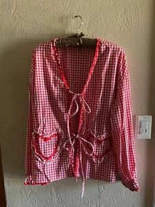 NEW NO TAGS RED WHITE CHECK WOMENS BLOUSE/JACKET SZ XL HEART POCKETS CUTE! - Picture 1 of 8