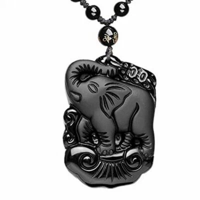 Cristal Natural Negro Obsidiana Elefante Collar Amuleto Colgante con Cadena de Cuentas Foto 1 de 4