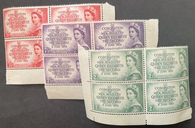 Australia 1953 Coronation set of 3 in blocks of 4 x stamps mint hinged - Image 1 of 2
