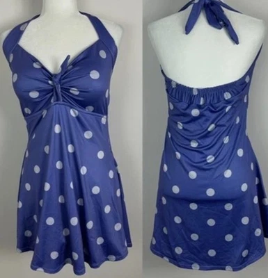 New April Cornell Swim Dress Suit halter one piece XXL 14 16 18 blue polka dot - Image 1 of 4