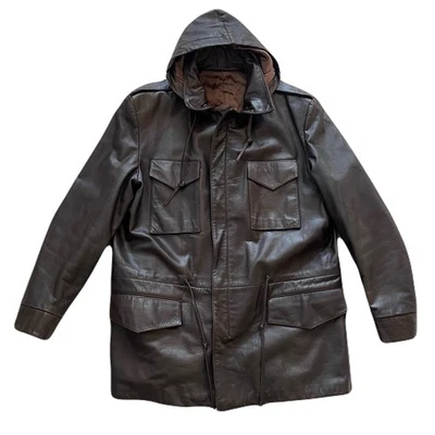 Overland Sheepskin Brown Leather Military Field Coat w/ Removable Hood, Size 46 - Image 1 of 4