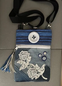 Bolso Bandolera Pequeño Monedero, Borla, Bolso de Mano, Teléfono Celular, Reciclado DENIM Encaje - Imagen 1 de 2
