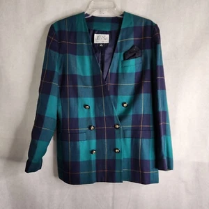 Vintage Le Suit Blazer Size 10 Blue Green Plaid Double Breasted - Picture 1 of 12